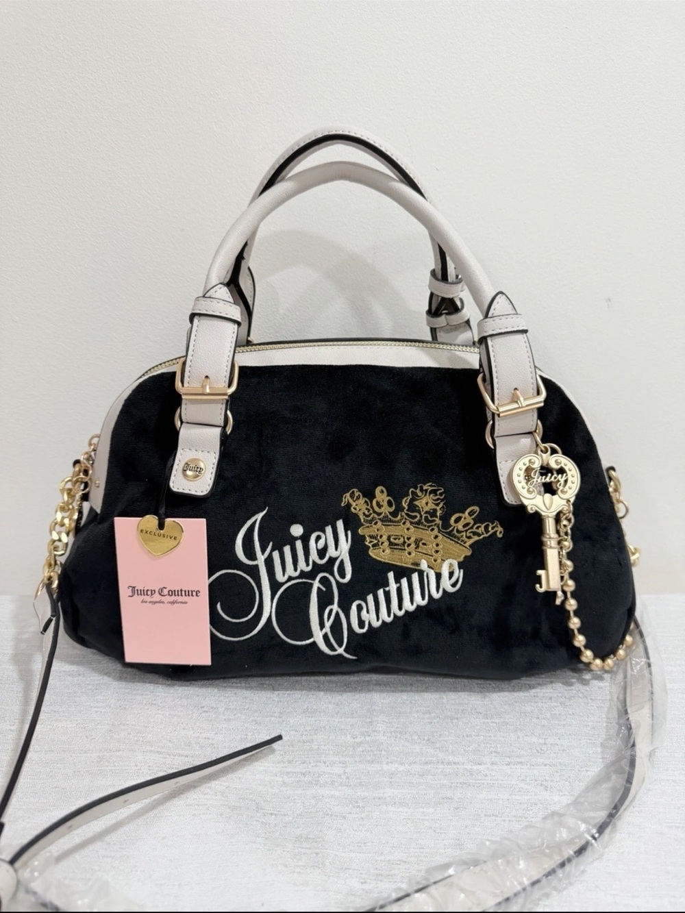 Juicy Couture Black and White Velvet Satchel with Gold Hardware